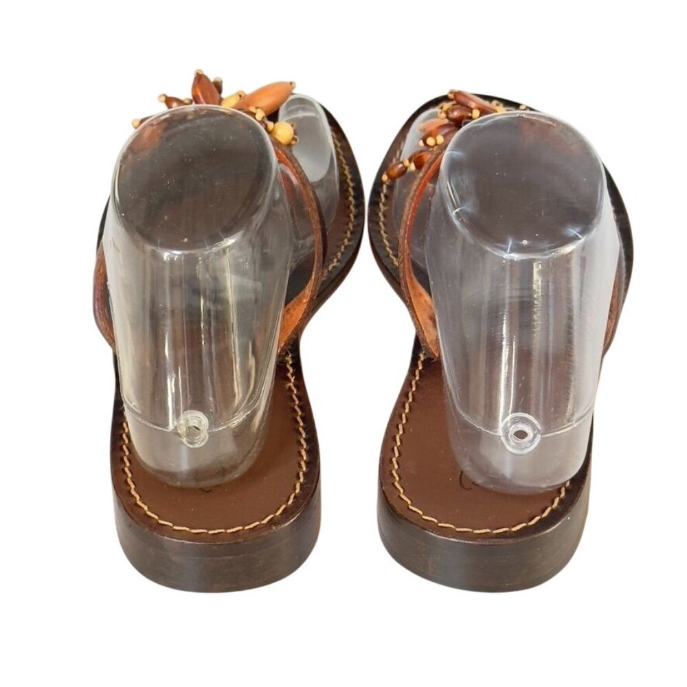 OSCAR De LaRENTA Women's Brown Leather Beaded Sandals Thongs Italy Size 39.5 - Picture 6 of 10